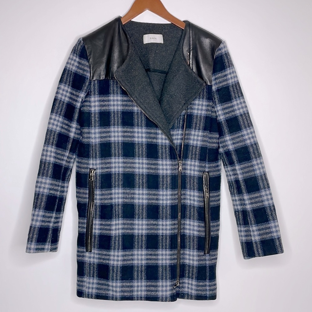 Zapa Wool Plaid Lambskin Leather Trimmed Long Coat Size 36 Small